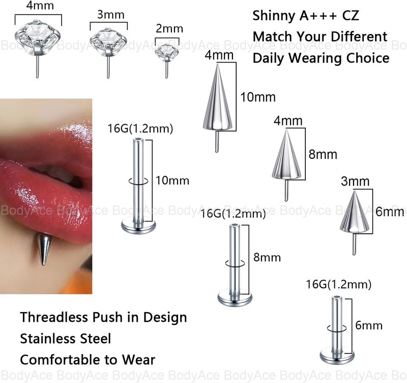 BodyAce Threadless Spike Flact Back Earrings Cartilage Lip Rings, 16G Stainless Steel Daith Helix Tragus Studs, Push in Rook Lobe Lip Piercing for Women Men - Image 2